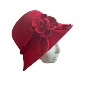 Vintage Red Felt Cloche Hat with Floral Accent